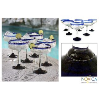 Set of 6 Blown Glass Blue Roots Margarita Glasses (Mexico