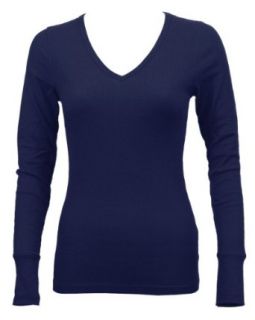 Ladies Navy Blue Long Sleeve Thermal Top V Neck Clothing