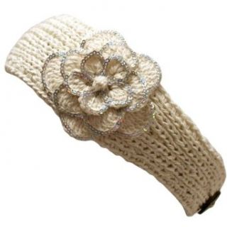 Ivory Crocheted Headband With Sequin Flower Detail