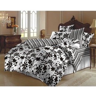 Black and White Flowered Queen size Duvet Cover Set (India
