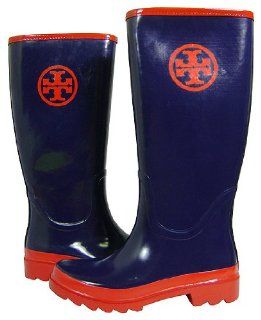 Tory Burch Logo Rubber Rain Boots Navy Red Shoes
