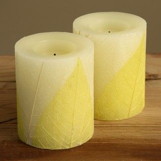 Champagne Fossil Leaf Flameless LED Vanilla Wax Candles (Set of 2
