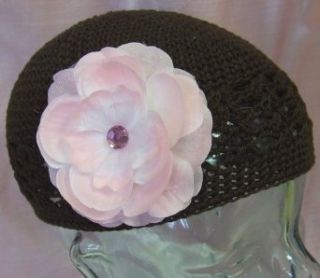 Olivia Crochet Baby Hat (Brown Hat/Light Pink Flower