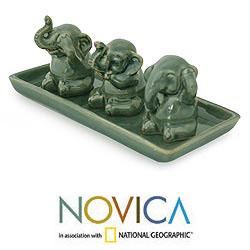 Set of 3 Celadon Ceramic Elephant Lessons Sculptures (Thailand