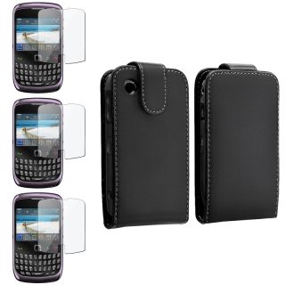 Black Leather Case/ Screen Protector for BlackBerry Curve 8520/ 9300