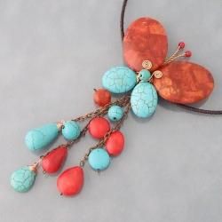 Copper Red Coral and Turquoise Butterfly Choker Necklace (Thailand