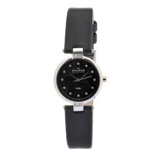 Skagen Womens Ceramic Black Dial Black Leather Strap Watch