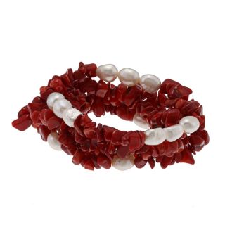 DaVonna White Baroque FW Pearls and Red Coral 5 Stretch Bracelets Set