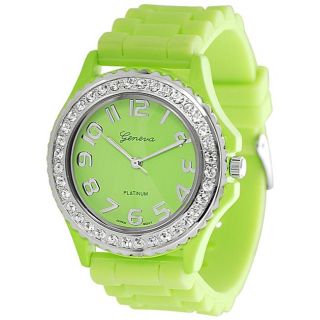 Geneva Platinum Womens Rhinestone accented Neon Green Silicone Watch