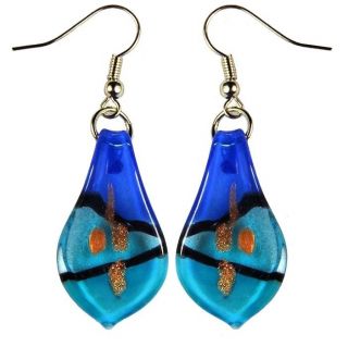 Murano inspired Glass Spotted Blue Leaf Earrings
