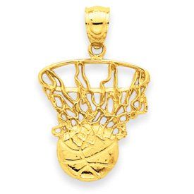 14k Gold Swoosh Basketball and Net Pendant Jewelry