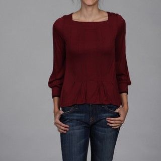 Voile Womens Burgundy Contrast Stitch Pleated Knit Top