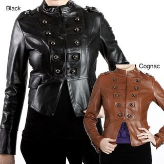 United Face Womens Lambskin Leather Snap front Military Jacket