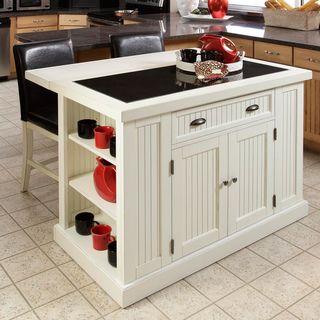 Nantucket Distressed White Finish Kitchen Island with Two Bar Stools