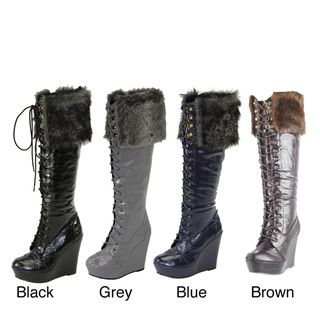 Comfort Womens Knee high Faux Fur Lace up Boots