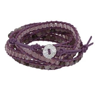 Purple Leather Simulated Quartz and Czech Crystal Wrap Bracelet