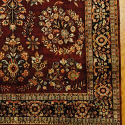 Indo Hand knotted Sarouk Burgundy/ Navy Wool Rug (79 x 101