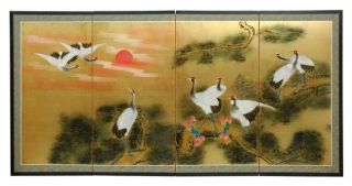 Silk Sunset Cranes Gold Leaf Screen (China)
