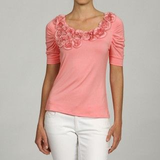 Think Knit Womens Rosette Neck Ruche Elbow Length Top