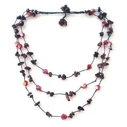 Triple Layer Red Glamour Garnet Cubic Crystal Cotton Rope Necklace