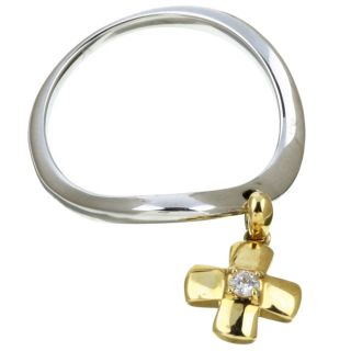 14k Two tone Gold Dangle Cross Diamond Ring (Size 6.5)