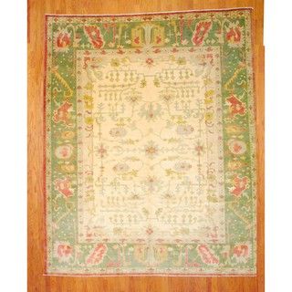 Egyptian Hand knotted Oushak Ivory/ Green Wool Rug (10 x 123