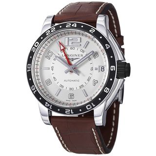 Longines Mens Admiral Silver GMT Dial Brown Strap Automatic Watch