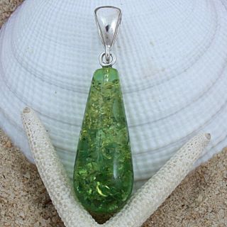 Sterling Silver Green Baltic Amber Teardrop Pendant (Lithuania