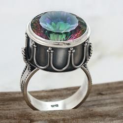Sterling Silver Round Mystic Fire Topaz Detailed Band Ring (Indonesia