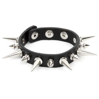 Black Leather and Silvertone Spike Stud Bracelet