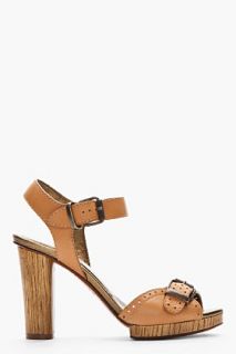 Lanvin Tan Leather And Wood Grain Sandal Heels for women