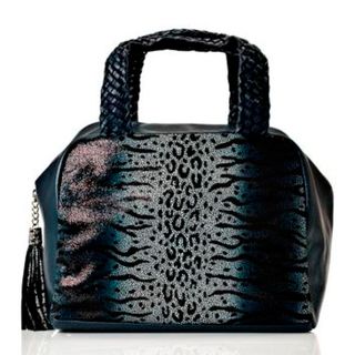 Vintage Reign Coco Navy Leather Animal Print Bowler Bag