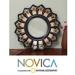 Cedar Wood Glass Black Sunflower Fan Mirror (Peru)
