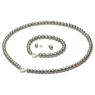 DaVonna Silver FW Pearl Necklace Bracelet and Earring Set with Gift