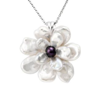 Sterling Silver White Keshi and Black Freshwater Pearl Flower Necklace