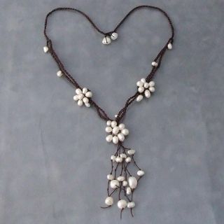 Cotton Wax Dainty Pearl Flowers Dangle Necklace (5 10 mm) (Thailand