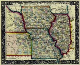 Mitchell 1860 Antique Map of Illinois, Missouri, Iowa