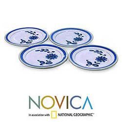 Set of 4 Ceramic Blue Chrysanthemum Salad Plates (El Salvador