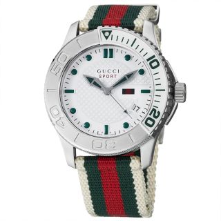 Gucci Mens Timeless White Dial Green/ Red Nylon Strap Quartz Watch