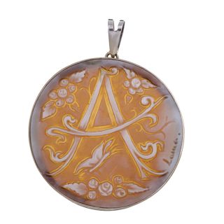 18k White Gold Shell Letter A 44 mm Round Cameo Pendant