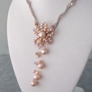 Pearl and Crystal Silk Pink Star Flower Necklace (4 10 mm)(Thailand