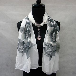 Black and White Floral Fashion Jewelry Scarf with Orchid Pendant in