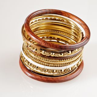 Creative Design Group Goldtone Brown Wood Bangle Bracelet Set