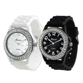 Geneva Platinum Womens Rhinestone accented Silicone Watch (Set of 2)
