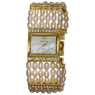 Vernier Womens Rectangular Gold Case Fresh Water Pearl Bracelet Watch