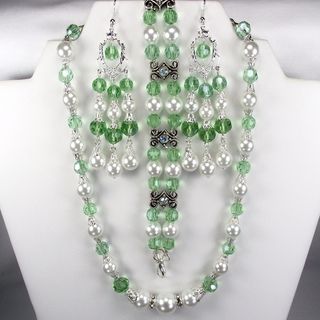 Silverplated White Glass Pearls and Chrysolite Crystals